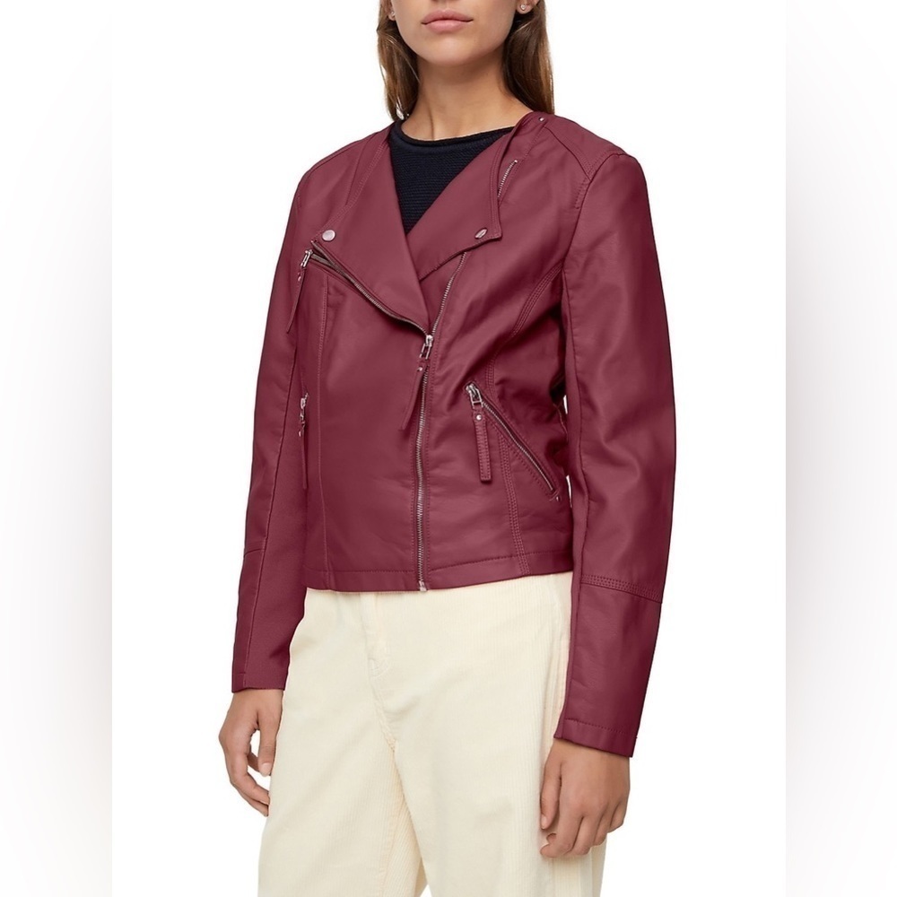Vero Moda Ria Fav Short Dark Red Faux Leather Moto Jacket Size L